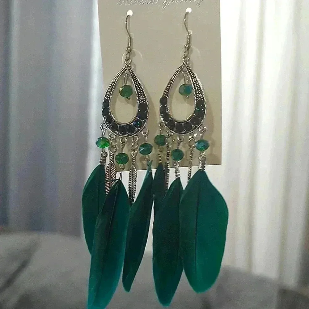 NWT Teal Feather Drop Earrings NIP